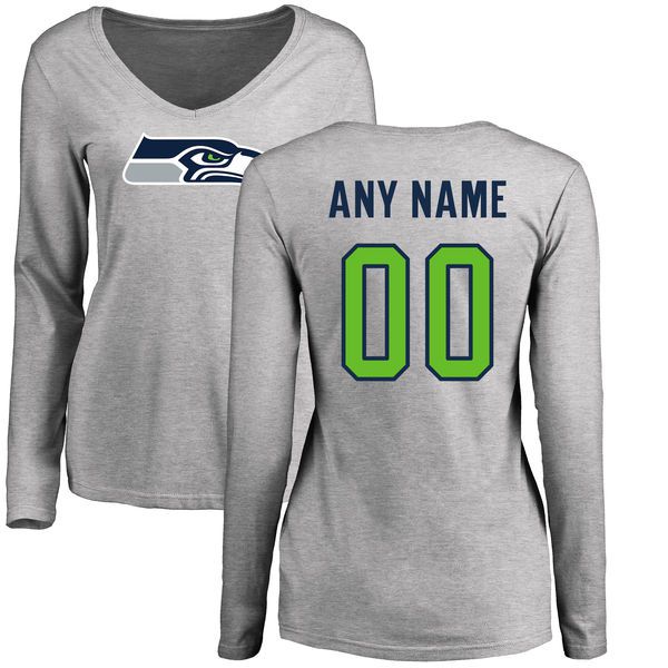 Women Seattle Seahawks NFL Pro Line Ash Custom Name and Number Logo Slim Fit Long Sleeve T-Shirt->->Sports Accessory